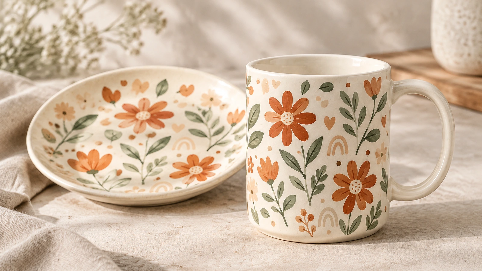 Tasse et assiette florales coordonnées Tasse en céramique à motifs floraux à côté d'une assiette décorée assortie