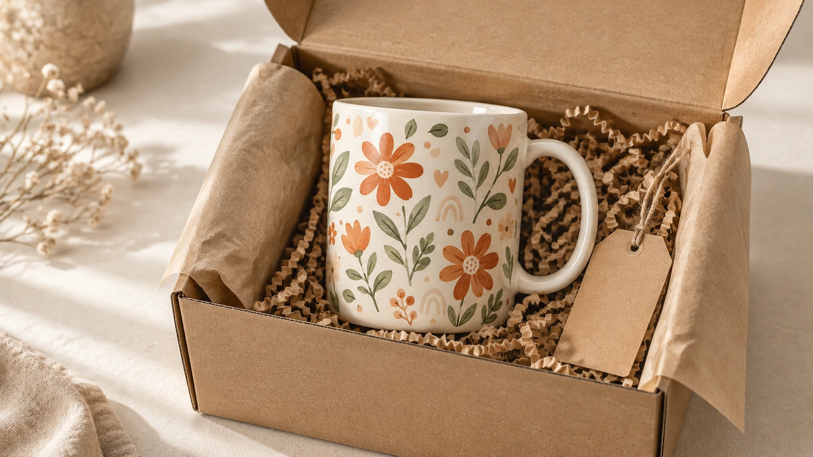 Emballage cadeau d'une tasse à motifs floraux Tasse à motifs floraux dans une boîte cadeau ouverte en carton, avec calage en papier