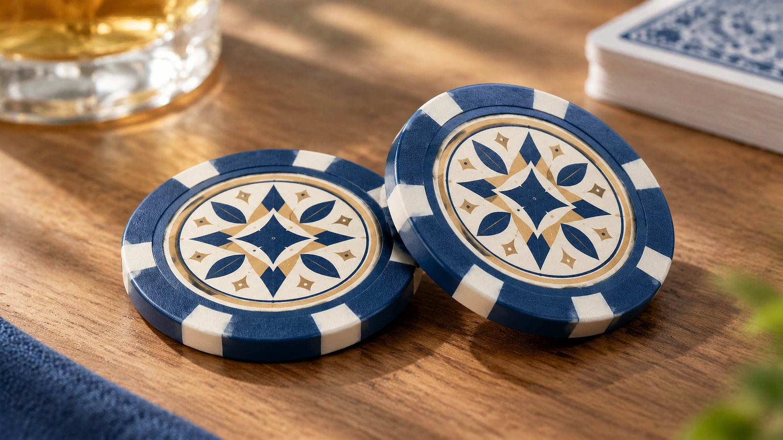 Jetons de poker à côté de cartes à jouer Deux jetons de poker à motifs géométriques sur une table en bois, à côté d'un jeu de cartes