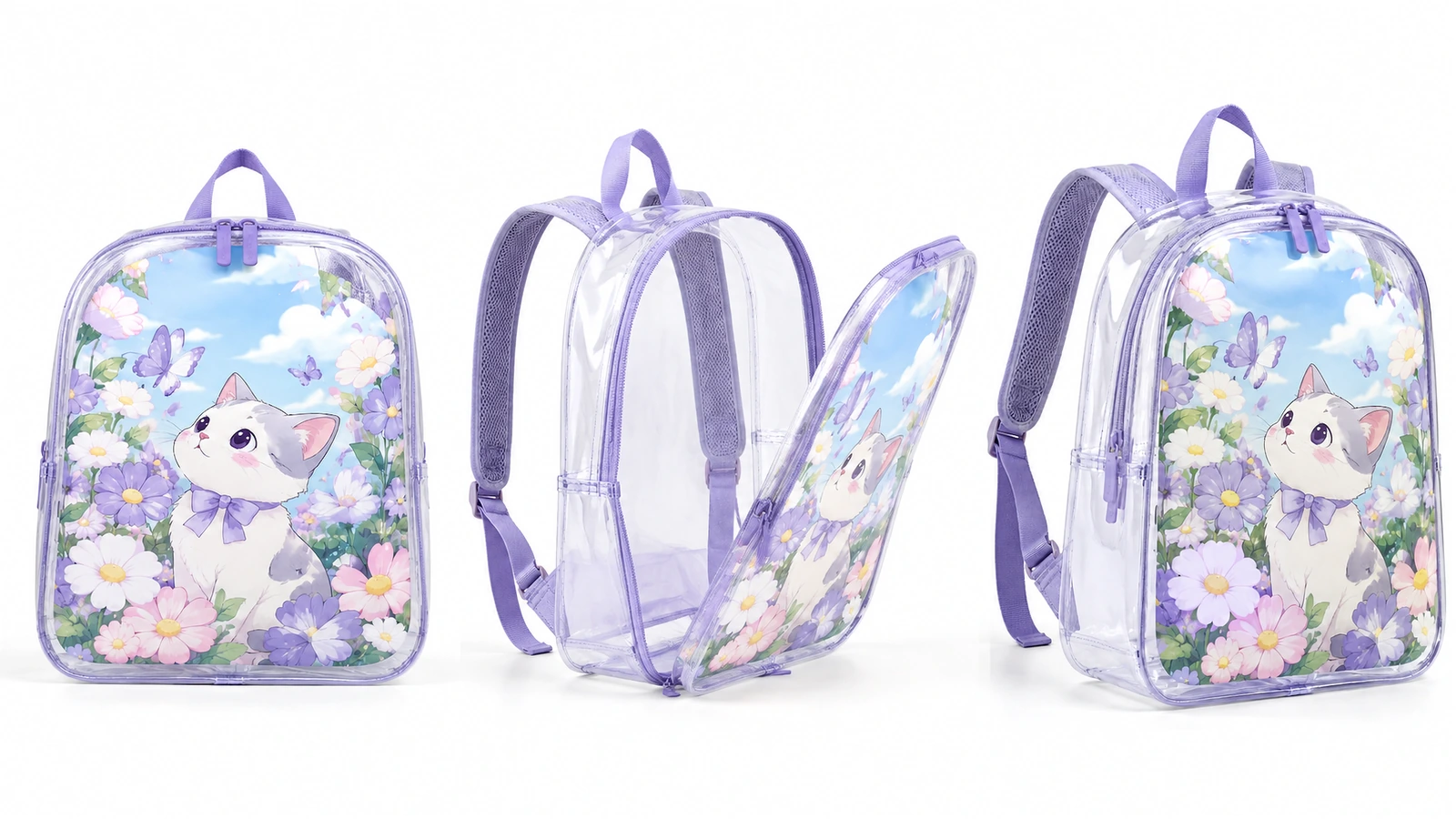 Trois vues d'un sac à dos transparent à bordures violettes, avec panneau avant floral à motif chaton