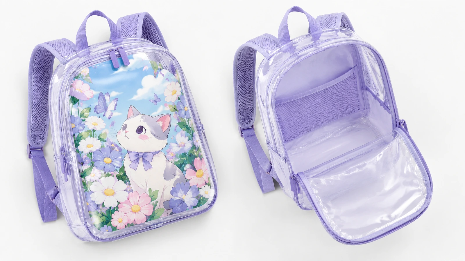 Vues de face et ouverte d'un sac à dos transparent à bordures violettes, avec panneau avant à motif chaton et fleurs