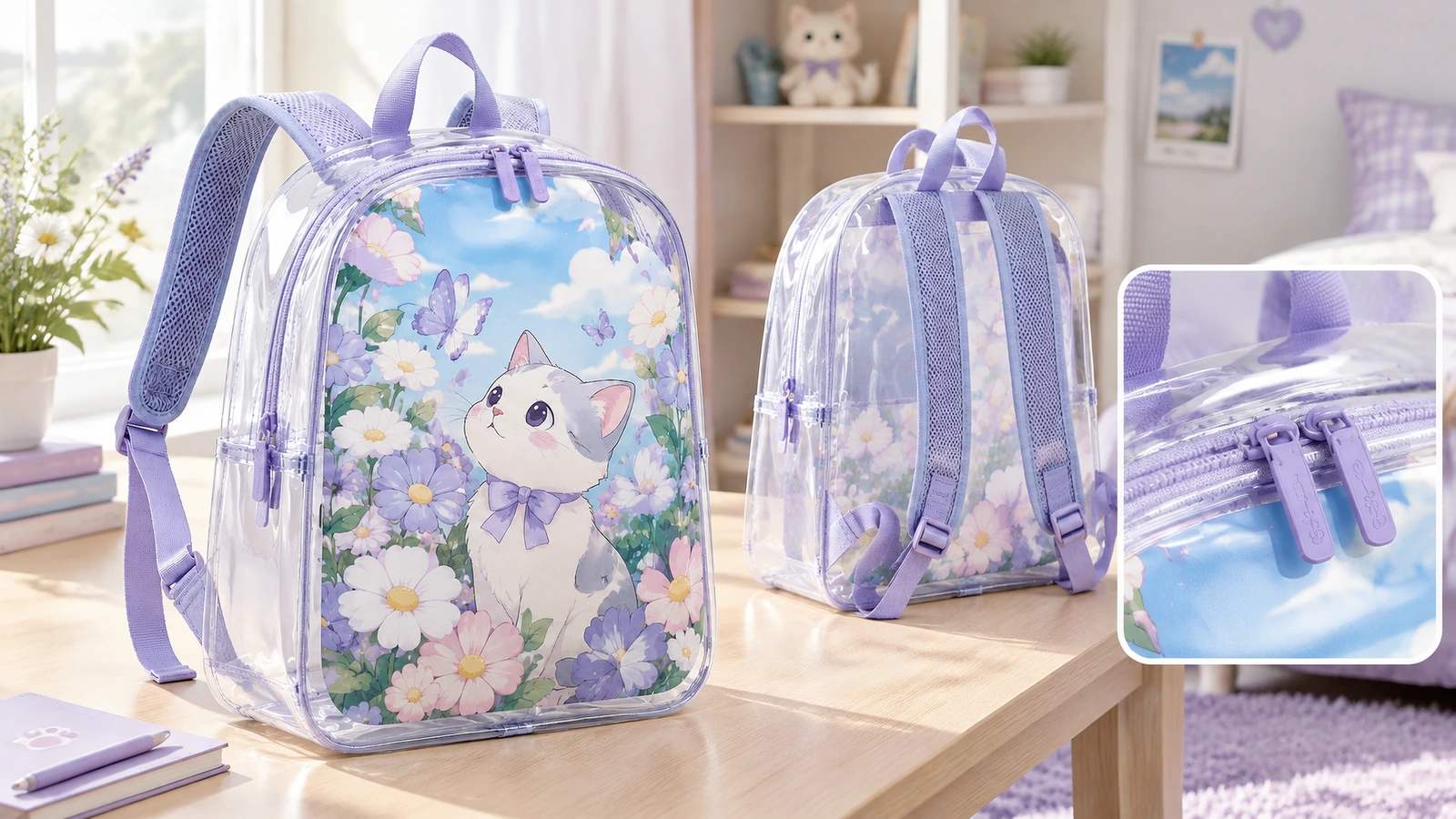 Vues de face et de dos d'un sac à dos à bordures violettes, avec gros plan sur la fermeture éclair encastrée
