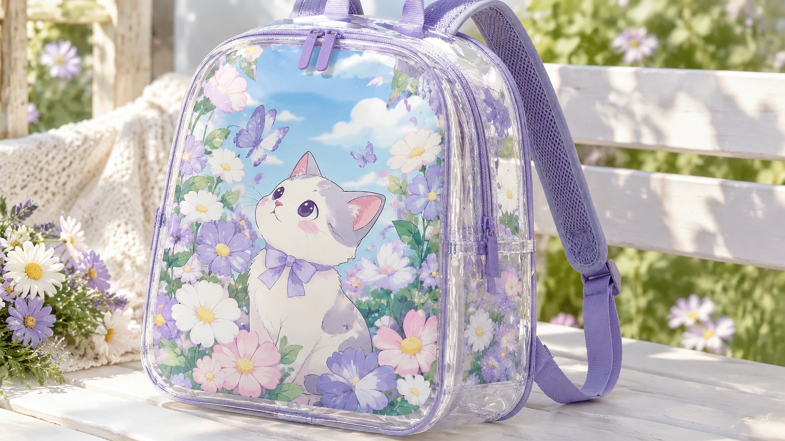 Sac à dos transparent à bordures violettes avec motif floral chaton, posé sur un banc d'extérieur