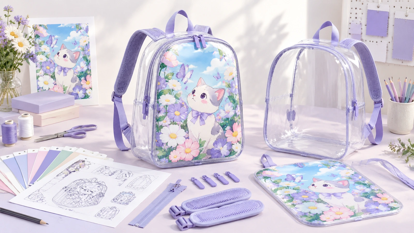 Sacs à dos transparents à bordures violettes, motif chaton et fleurs, nuanciers de couleurs et composants d'échantillons sur un bureau