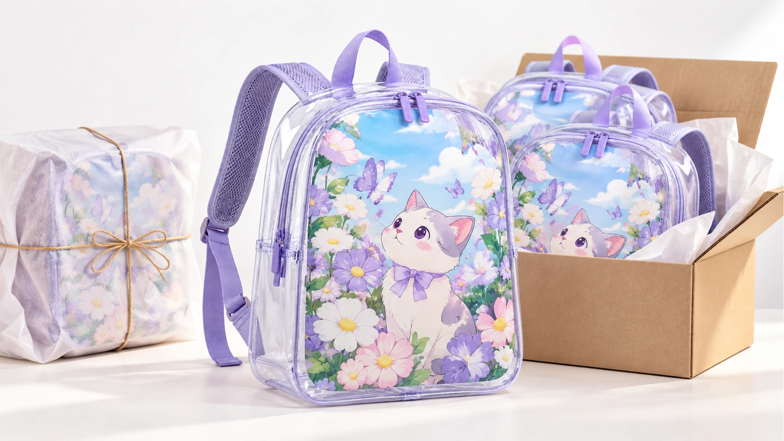 Sacs à dos à motif floral chaton à côté d'un colis emballé et d'un carton ouvert