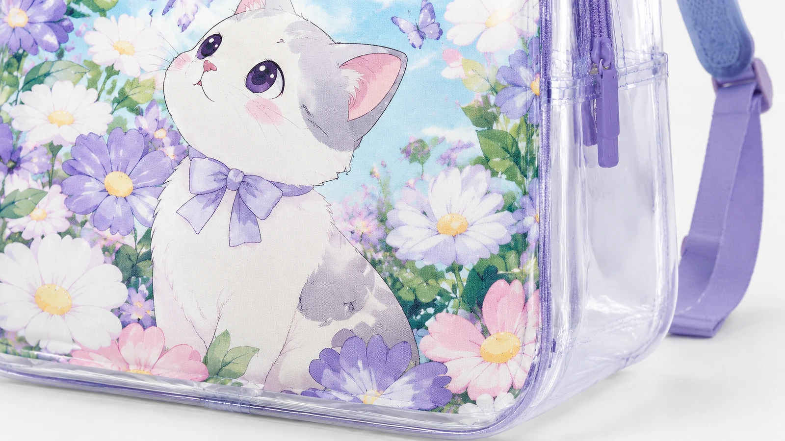 Gros plan sur le motif chaton et fleurs, le panneau latéral transparent et la bretelle violette du sac à dos