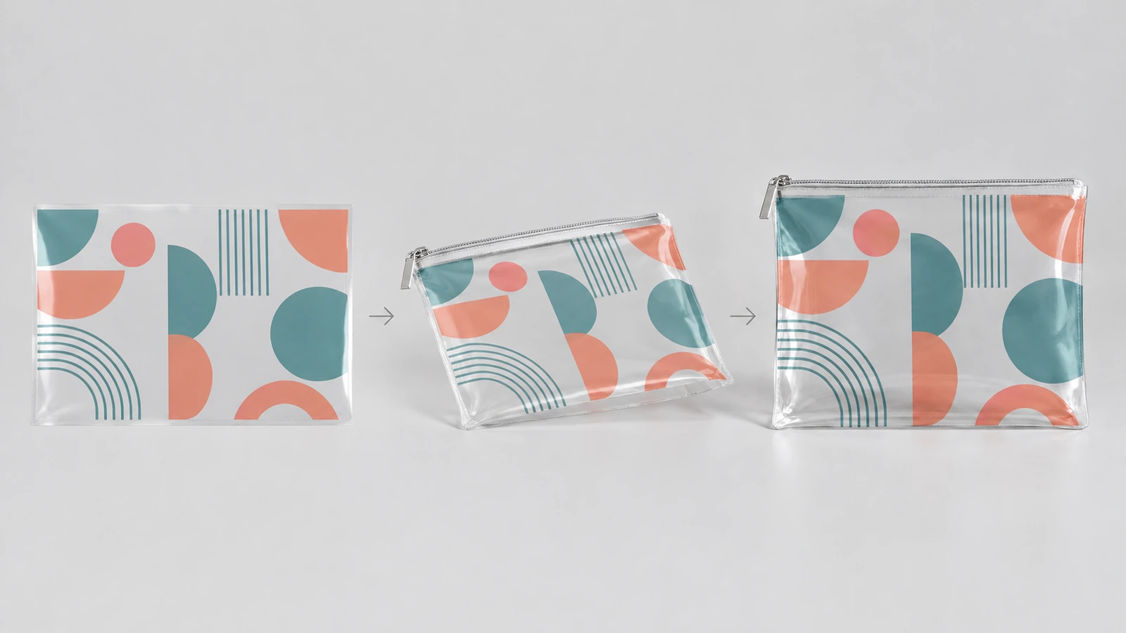 Séquence montrant un panneau de visuel géométrique et deux pochettes transparentes à fermeture éclair finies