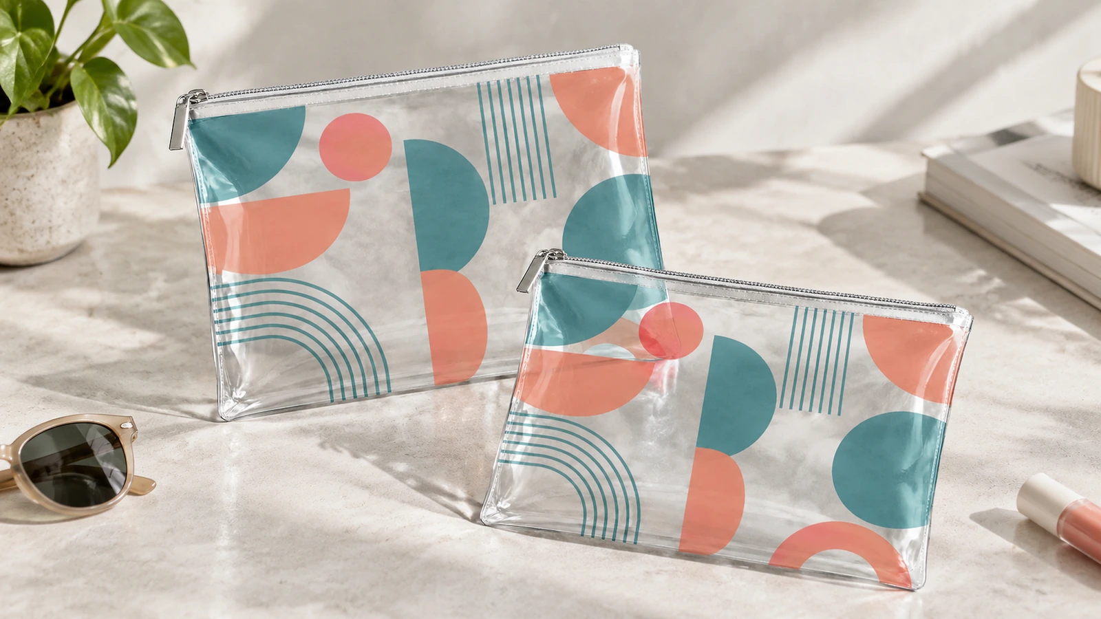 Deux pochettes transparentes imprimées à fermeture éclair posées sur une table, à côté d'accessoires personnels