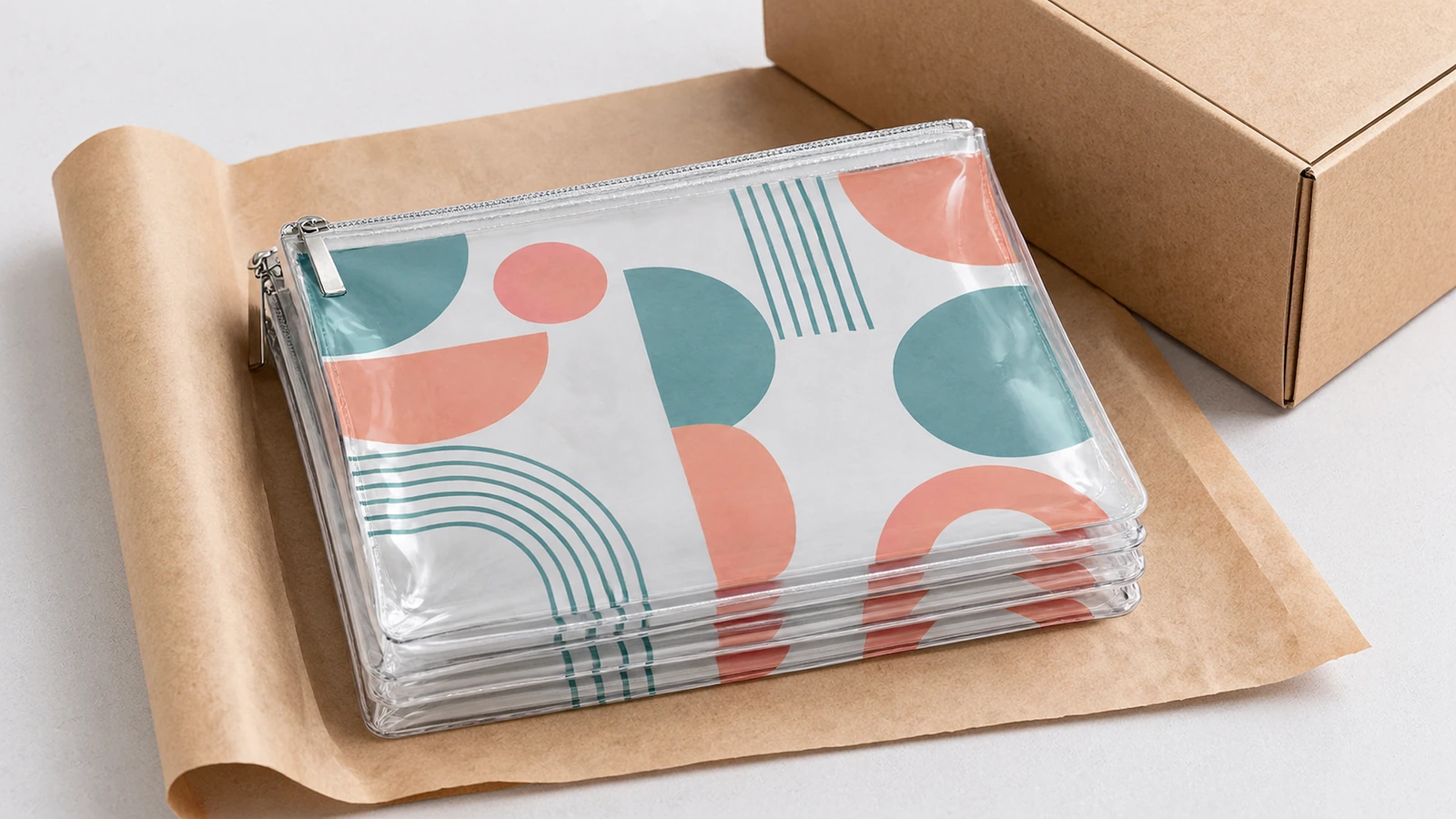 Pochettes transparentes à fermeture éclair empilées sur papier kraft, à côté d'un carton