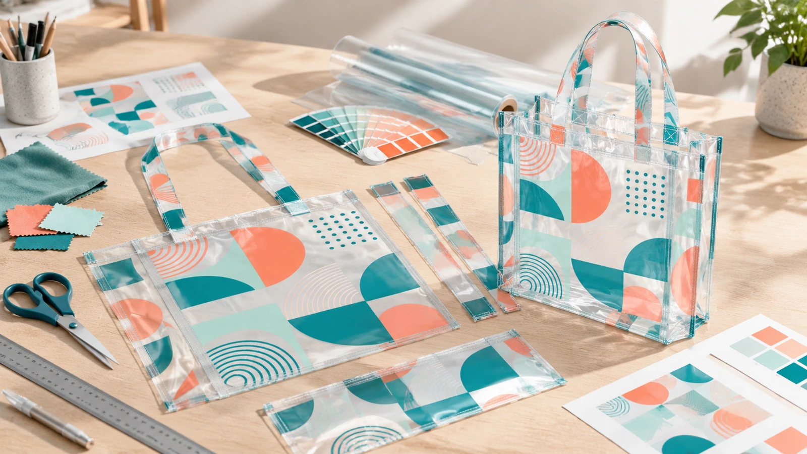 Composants d’un sac fourre-tout transparent à motif géométrique et sac assemblé à côté de la maquette, des nuanciers et des outils