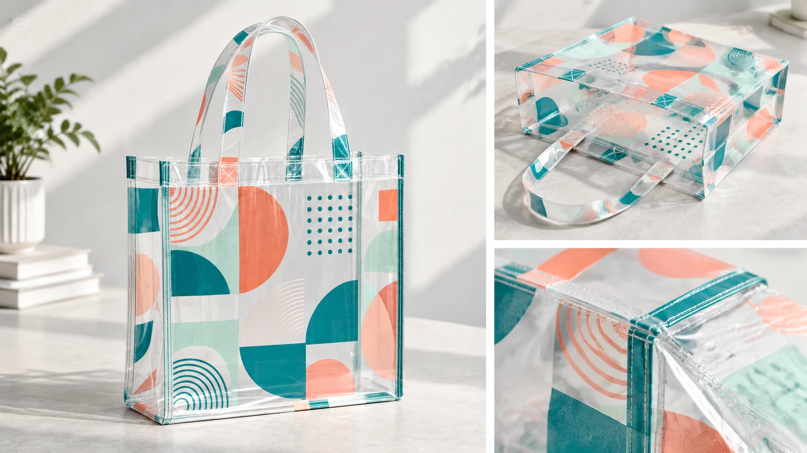 Présentation de sacs fourre-tout transparents avec détails du sac plié et de la couture en encart