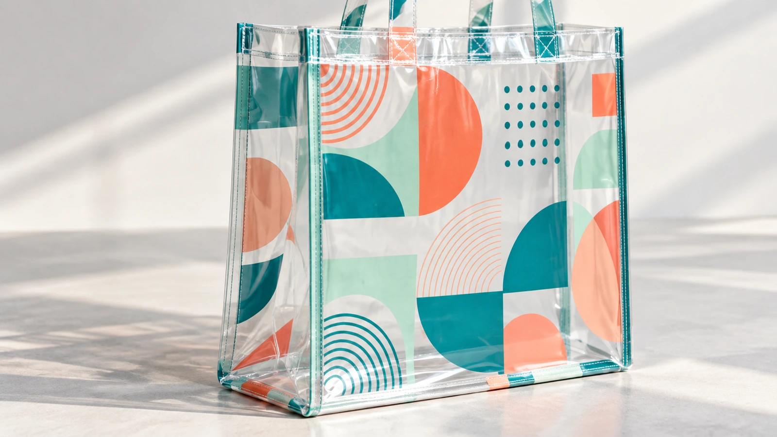 Sac fourre-tout transparent debout avec impression géométrique corail et sarcelle