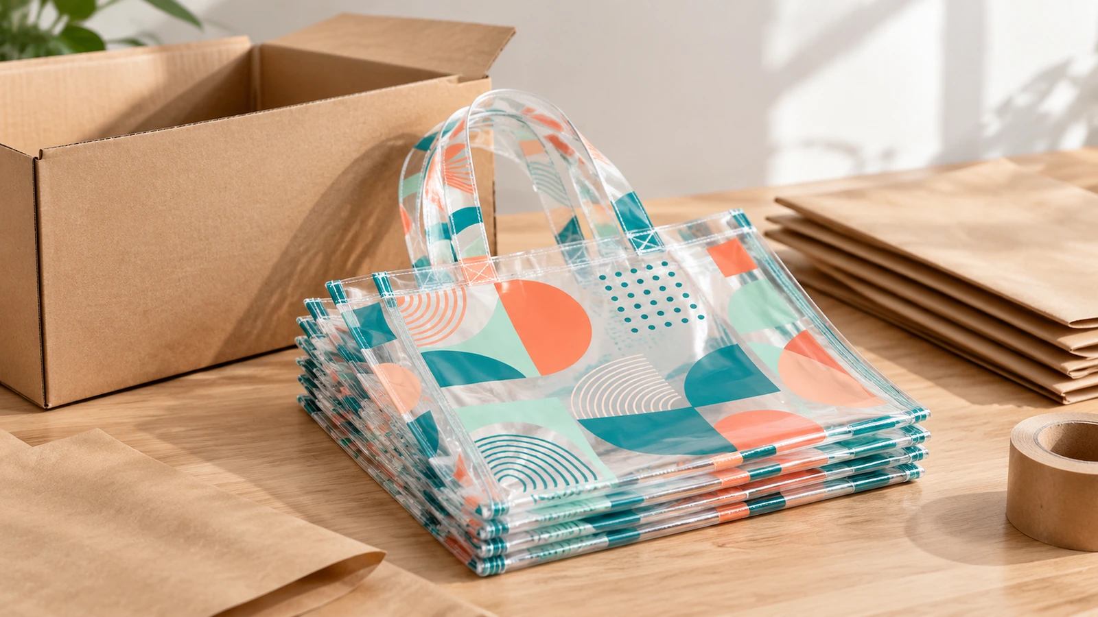 Sacs fourre-tout transparents empilés à côté d’un carton, de papier kraft et de ruban d’emballage