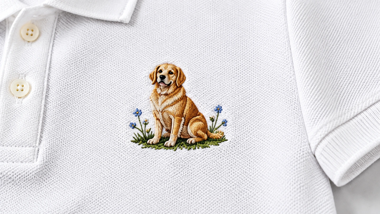 Gros plan sur une broderie de chien avec de petites fleurs sur un tissu de polo blanc texturé