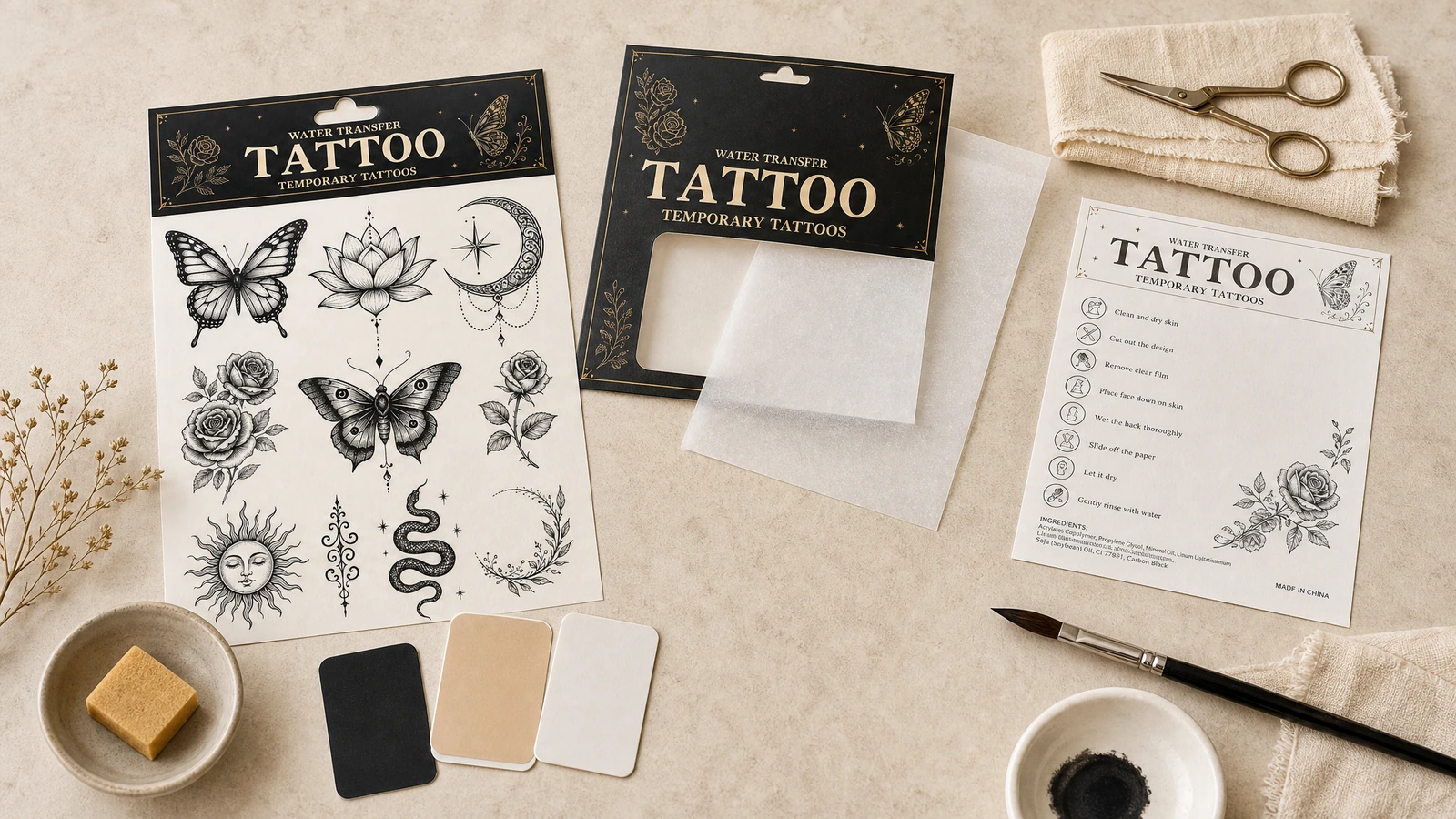 Feuille de tatouage temporaire au trait noir à côté de l'emballage, de ciseaux et d'une fiche d'instructions