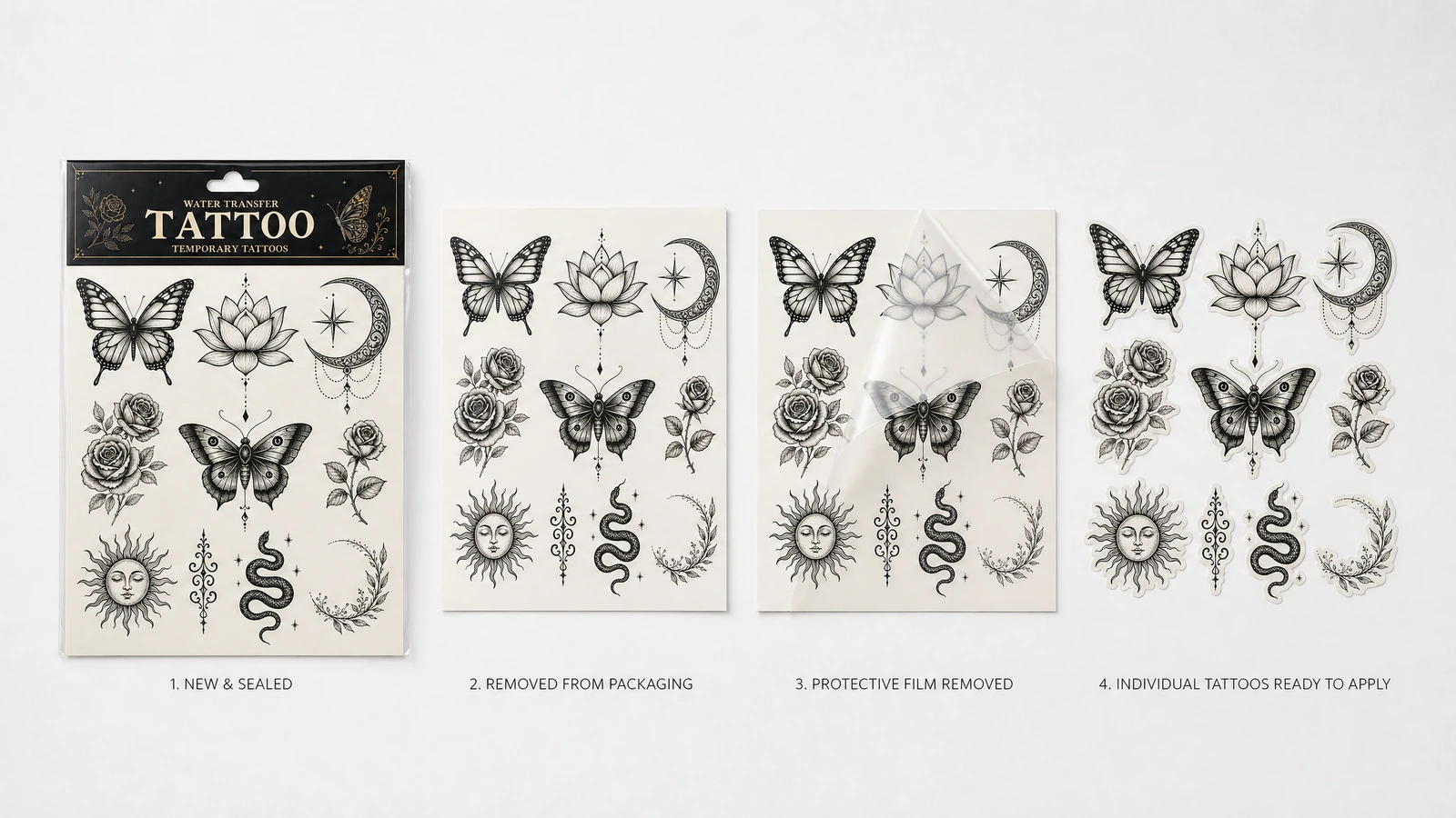 Affichage en 4 panneaux d'une feuille de tatouage en cours de déballage et de préparation à l'application