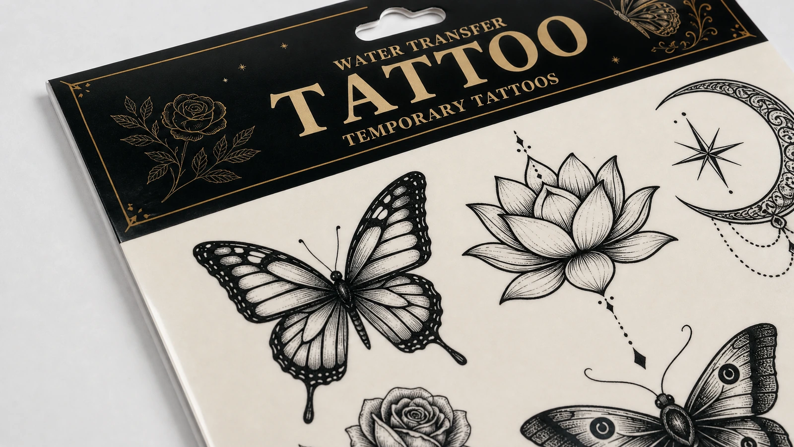 Gros plan des motifs papillon, lotus et croissant sous un en-tête noir de tatouage