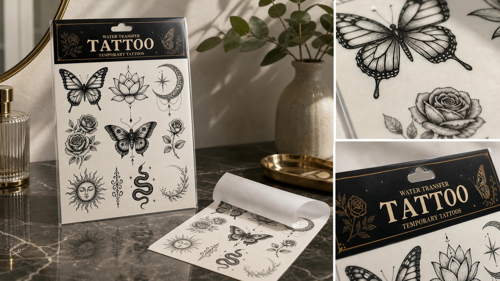 Collage d'une feuille de tatouage, du support déroulé et de détails en gros plan de l'illustration