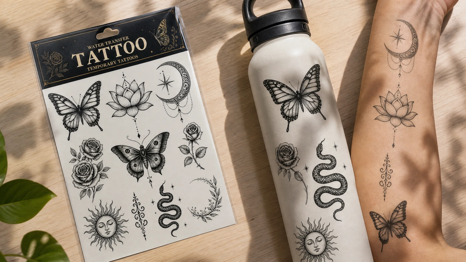 Feuille de tatouage à côté d'un flacon décoré et d'un avant-bras présentant des motifs assortis