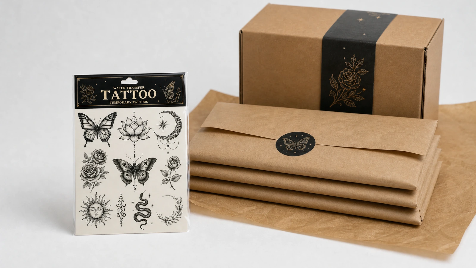 Feuille de tatouage à côté d'enveloppes kraft empilées et d'un carton brun
