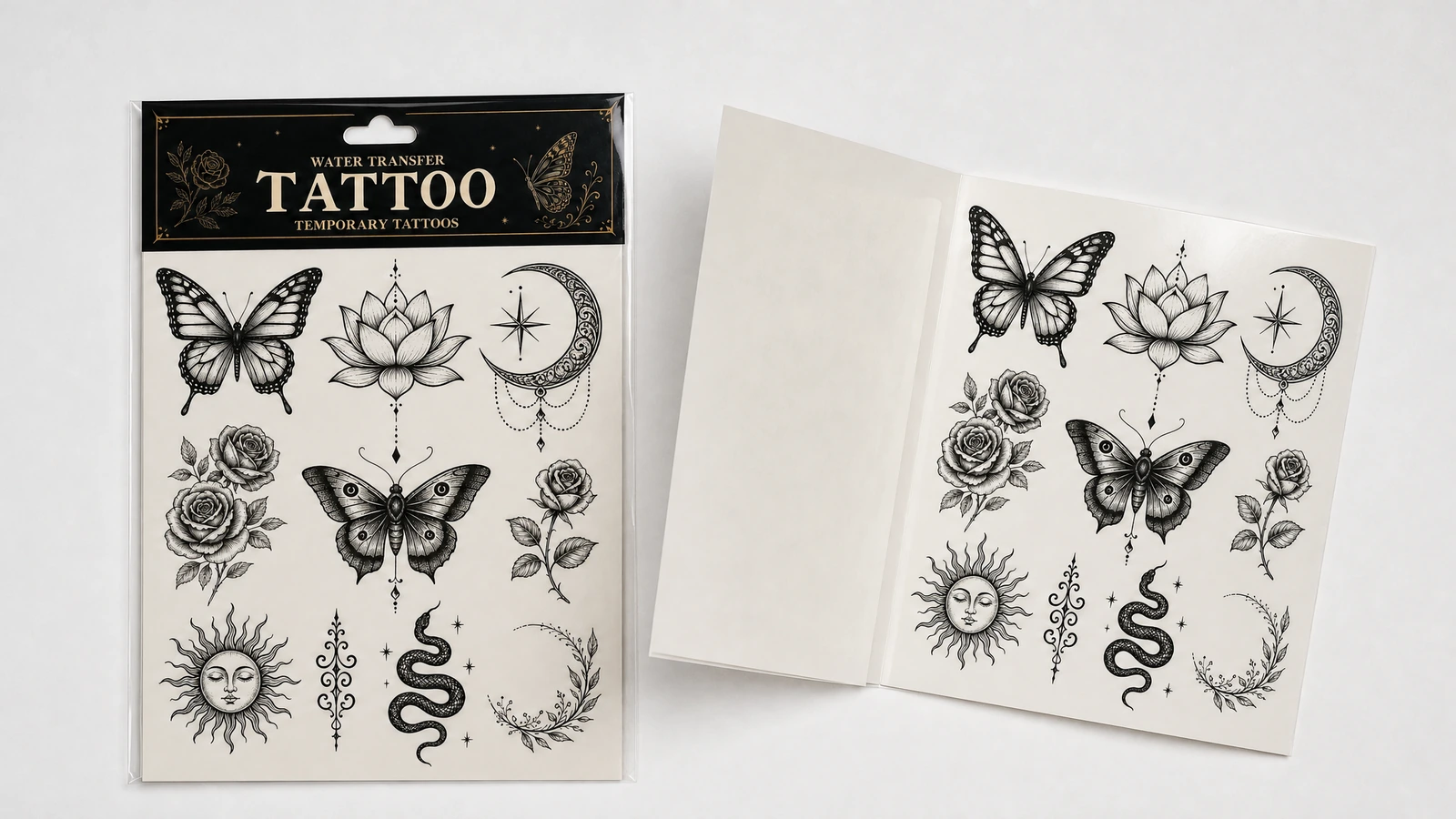Feuille de tatouage emballée à côté du papier support et d'une feuille assortie non emballée
