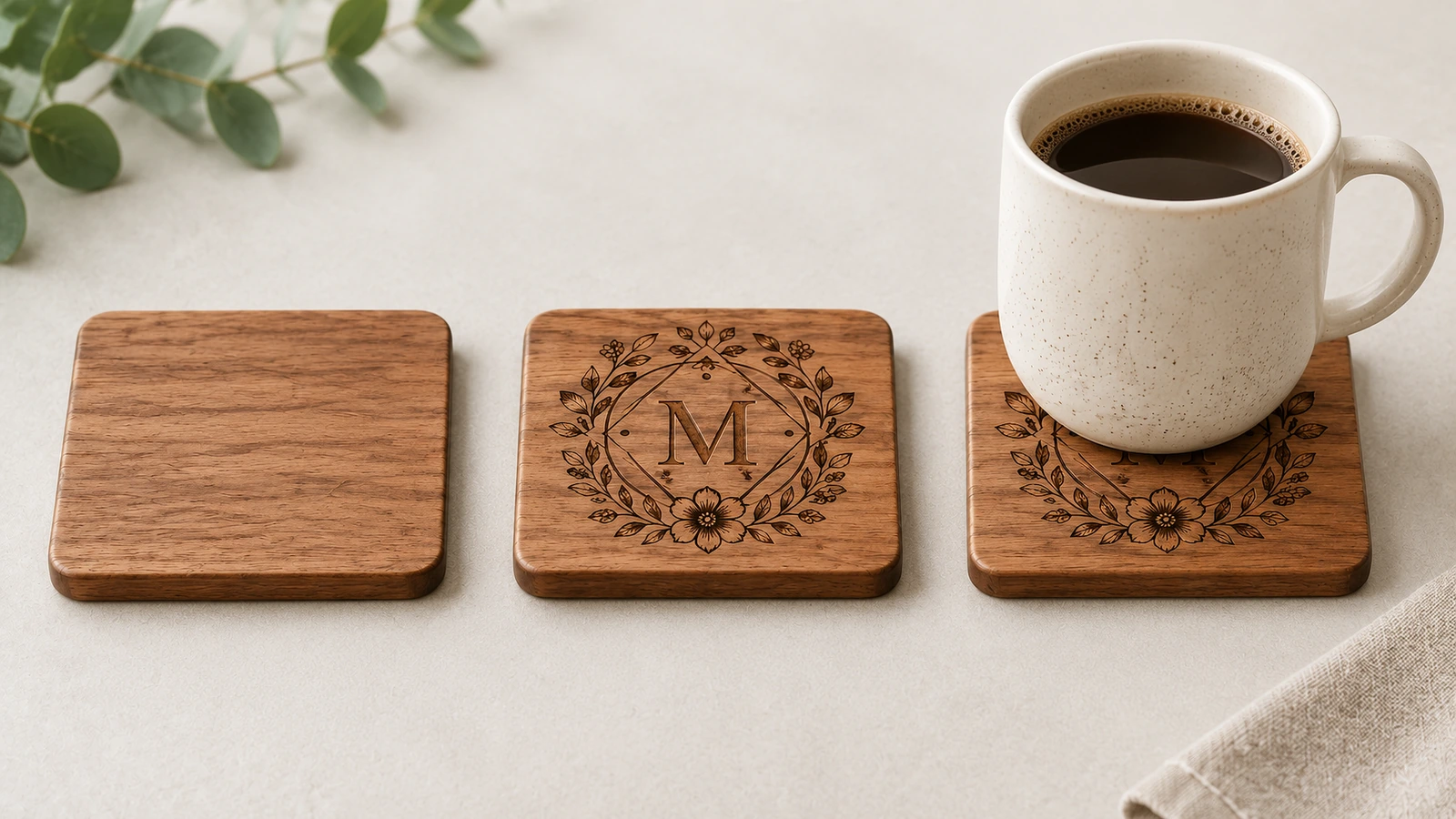 Sous-verre en bois uni, sous-verre monogrammé et sous-verre placé sous une tasse de café