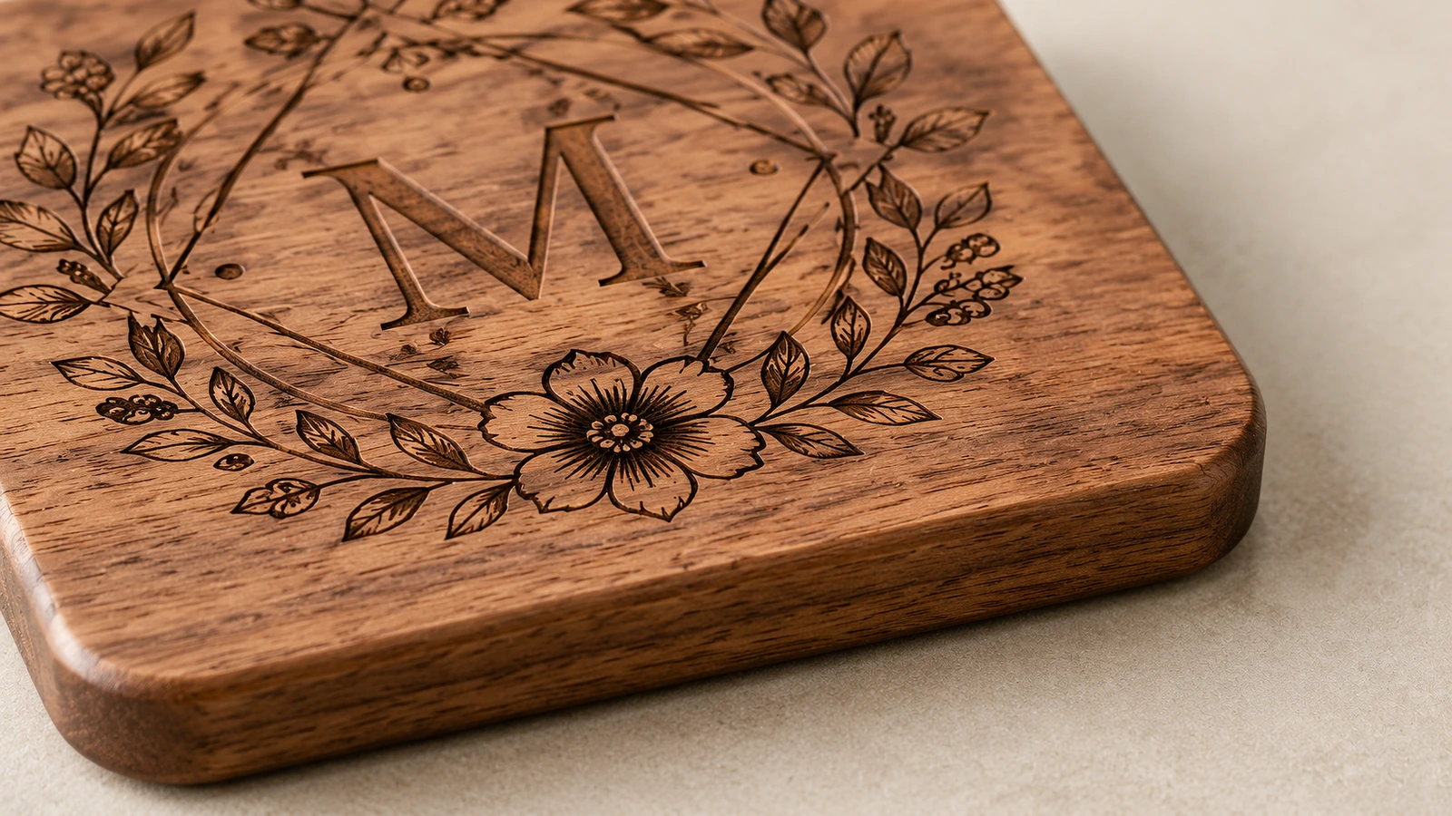 Gros plan d'un monogramme floral sur un sous-verre en bois aux coins arrondis