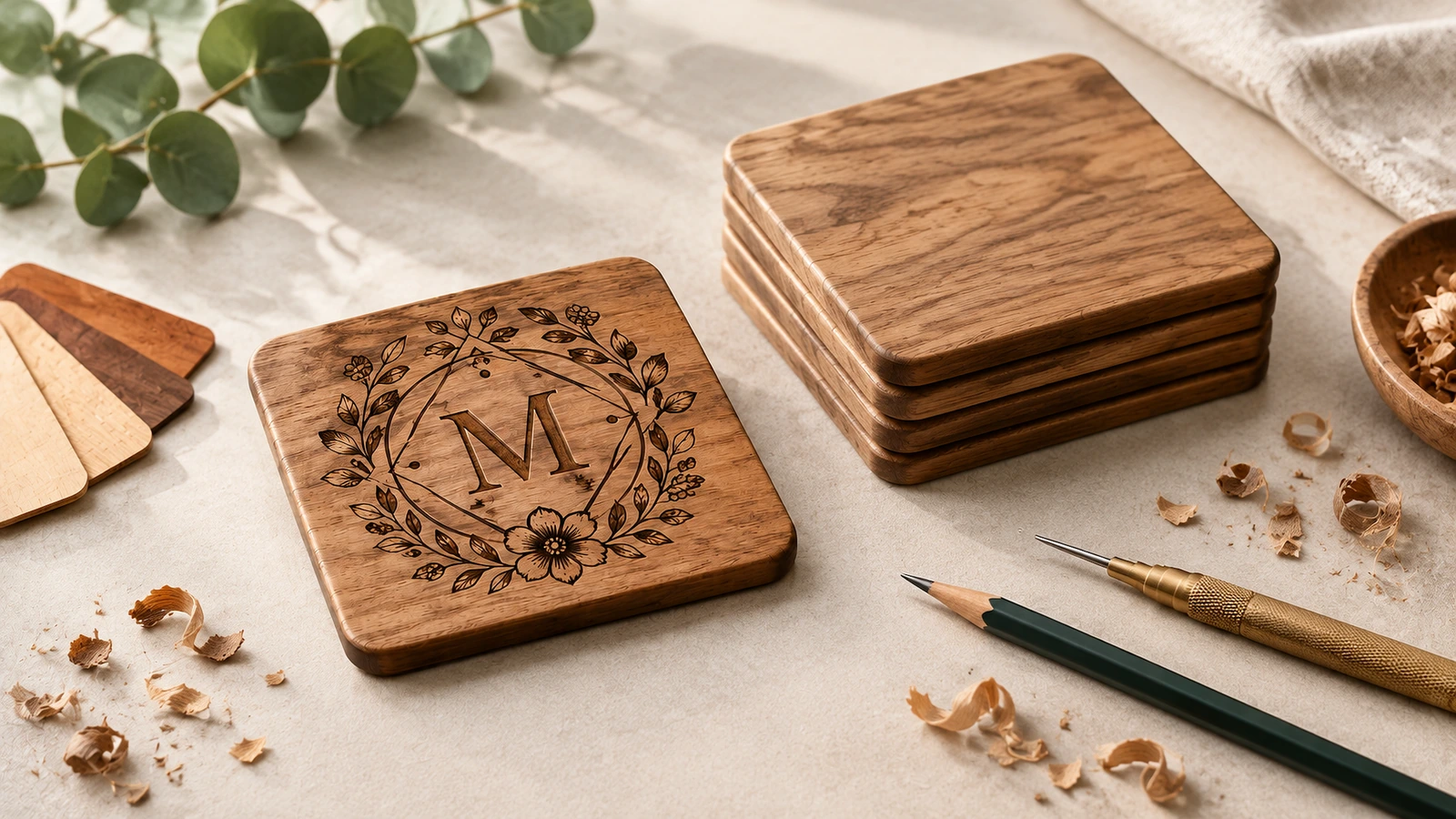 Sous-verre carré en bois monogrammé à côté d'une pile de sous-verres unis, d'échantillons de bois et d'outils d'artisanat