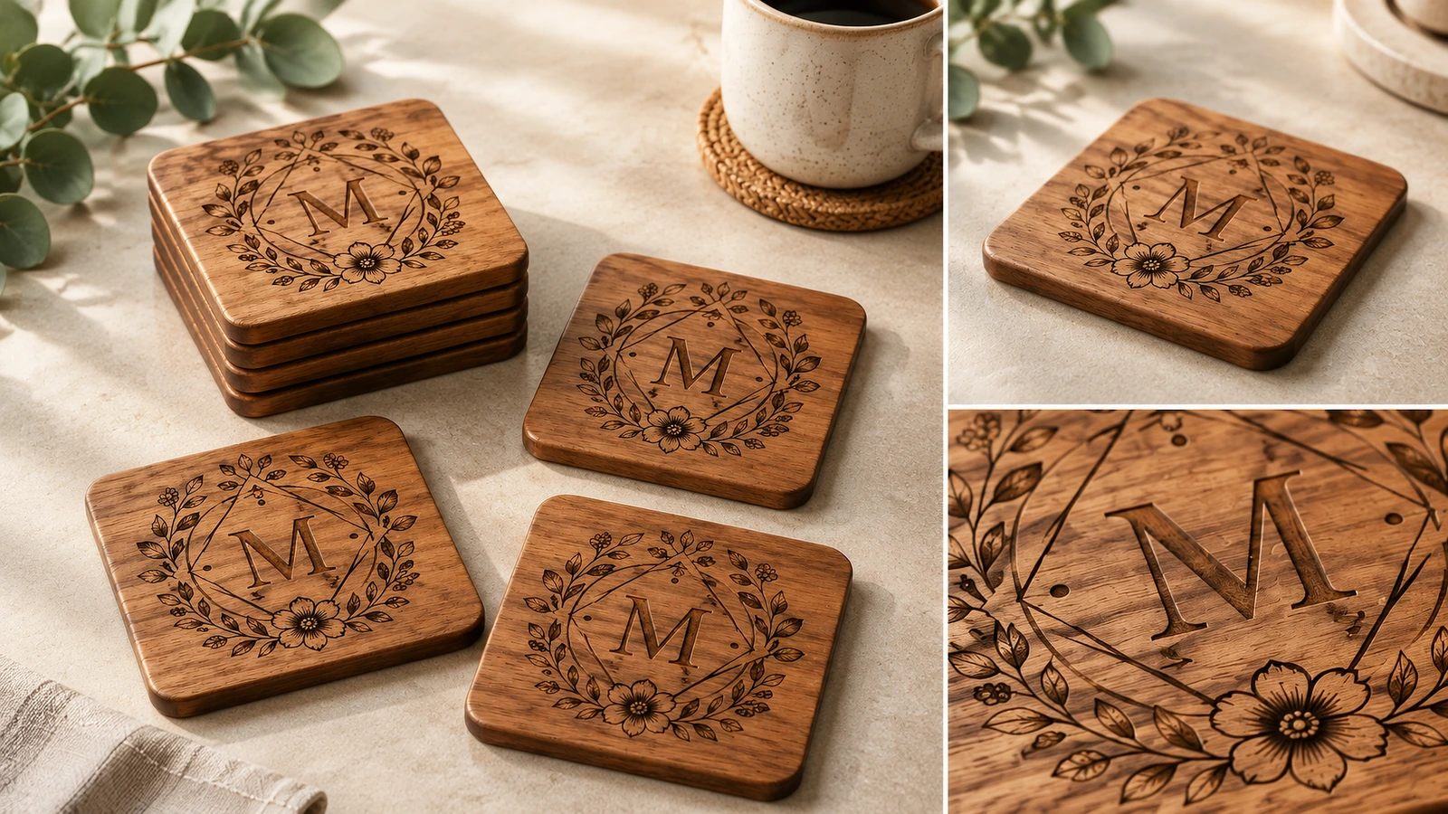 Collage de sous-verres en bois monogrammés, empilés et individuels, avec gros plan sur la gravure