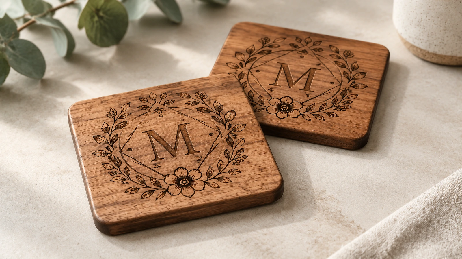 Deux sous-verres carrés en bois gravés d'un monogramme floral sur une surface en lin