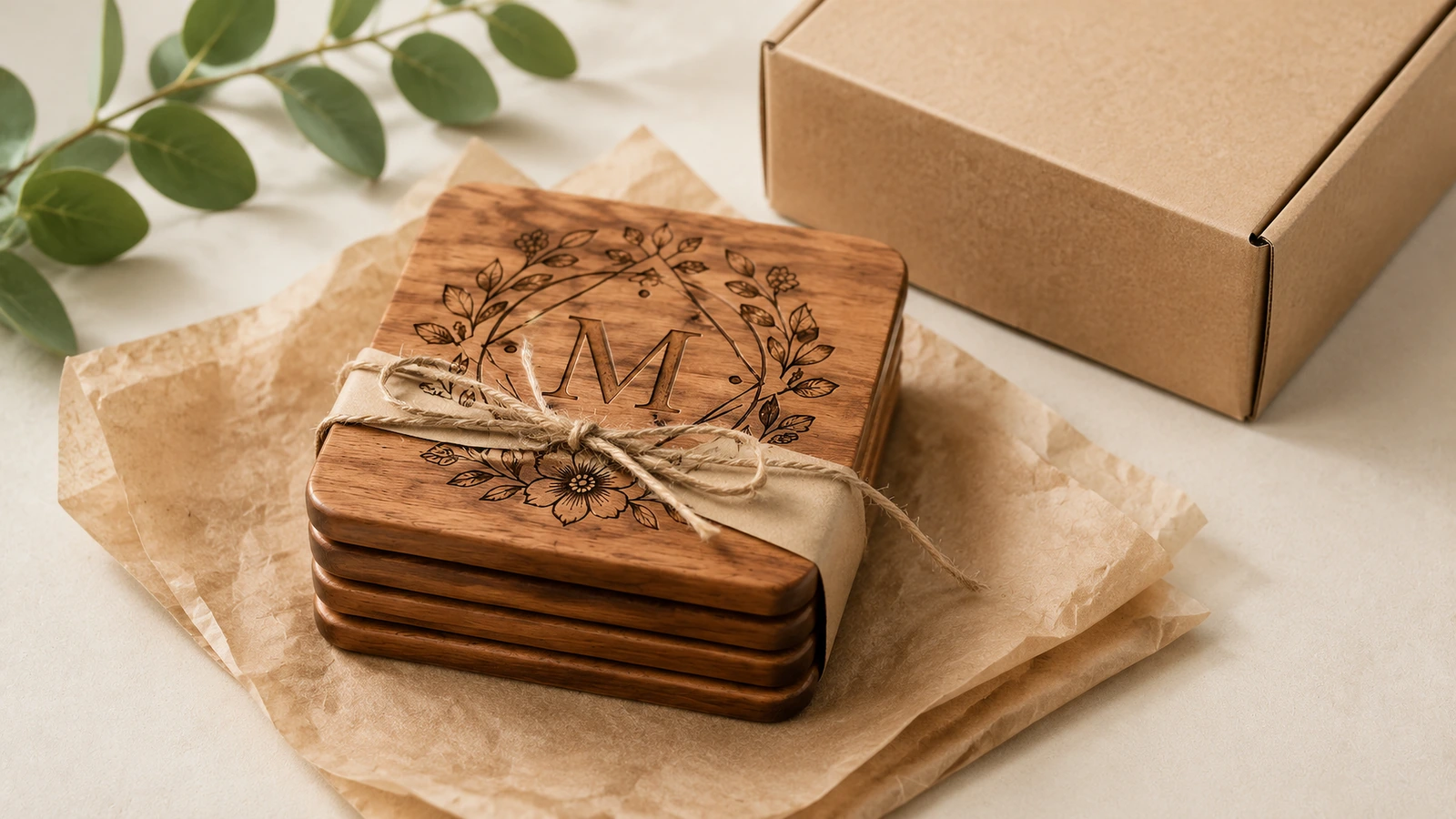 Pile de sous-verres en bois monogrammés attachés avec de la ficelle, posés sur du papier de soie à côté d'une boîte