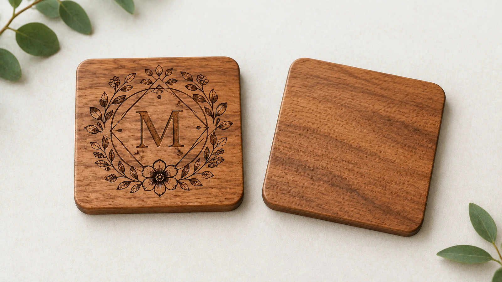 Deux sous-verres carrés en bois, l'un avec un monogramme floral et l'autre uni