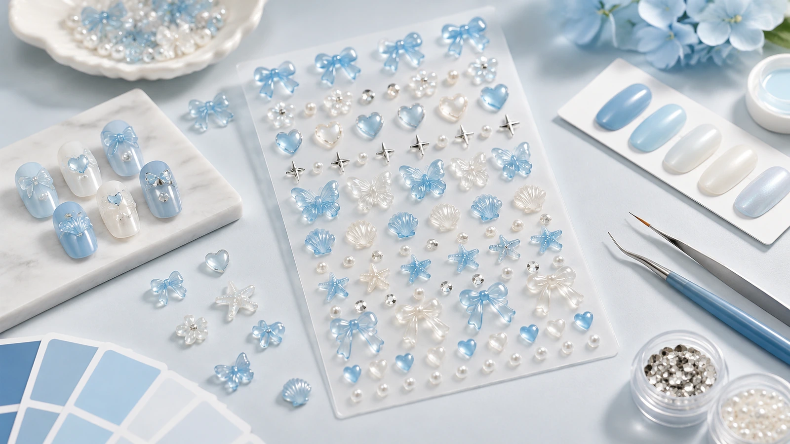 Feuilles de décorations pour ongles en relief bleues et nacrées à côté d'échantillons d'ongles et de pinces à épiler