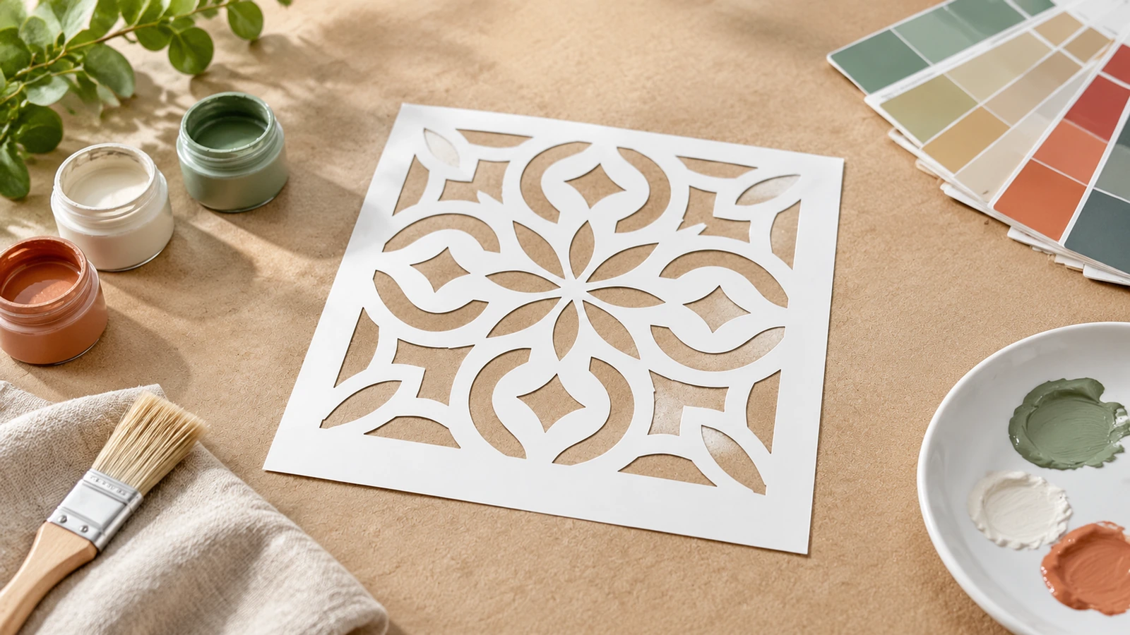 Pochoir floral blanc à côté de pots de peinture, d'un pinceau et de nuanciers de couleurs