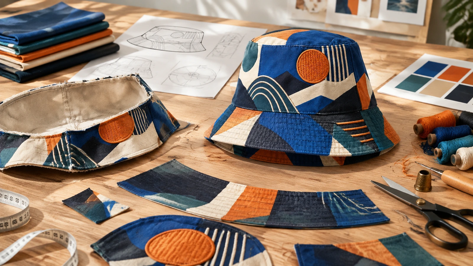 Bobs à motifs géométriques et morceaux de tissu à côté de fil, de croquis et de nuanciers de couleurs