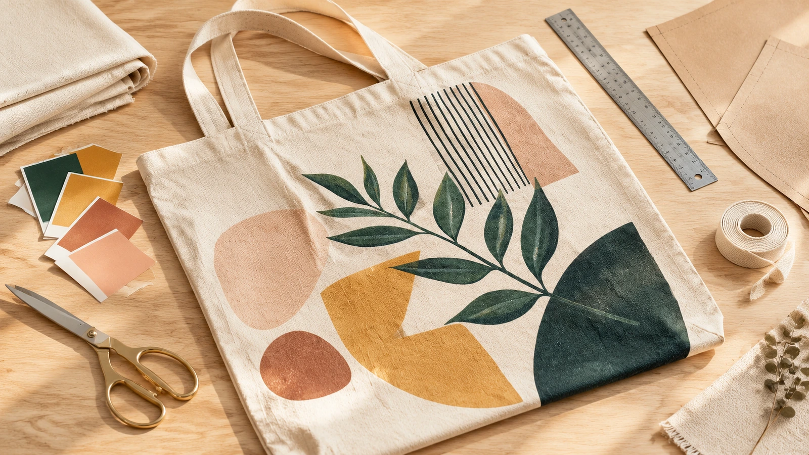 Tote bag en toile avec motifs de feuilles et motifs géométriques, à côté de nuanciers de couleurs, de ciseaux et d'une règle