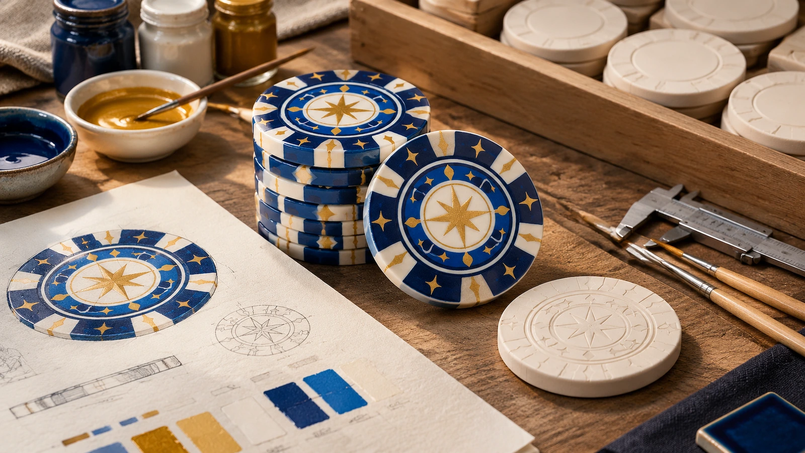Disques à motif d'étoile bleus, blancs et dorés et flans unis, à côté de peinture, d'outils et de visuels