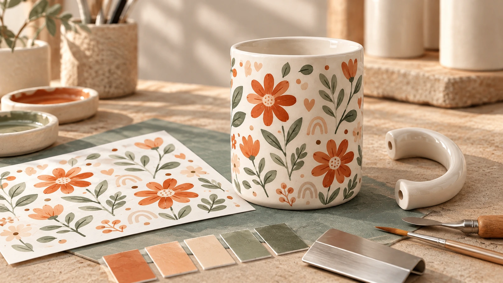 Tasse à motifs floraux et matériel de création Corps de tasse à motifs floraux posé à côté d'une anse séparée, feuille de visuel, échantillons de couleurs et outils d'artisan