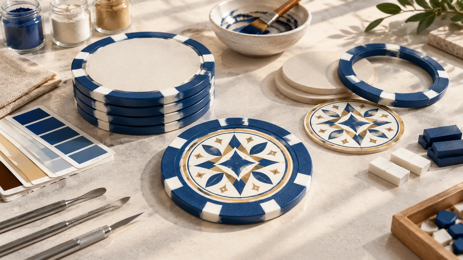 Éléments de conception de jetons de poker Composants de jetons de poker bleus et blancs et motifs géométriques de face, à côté de peinture et d'outils de loisirs créatifs