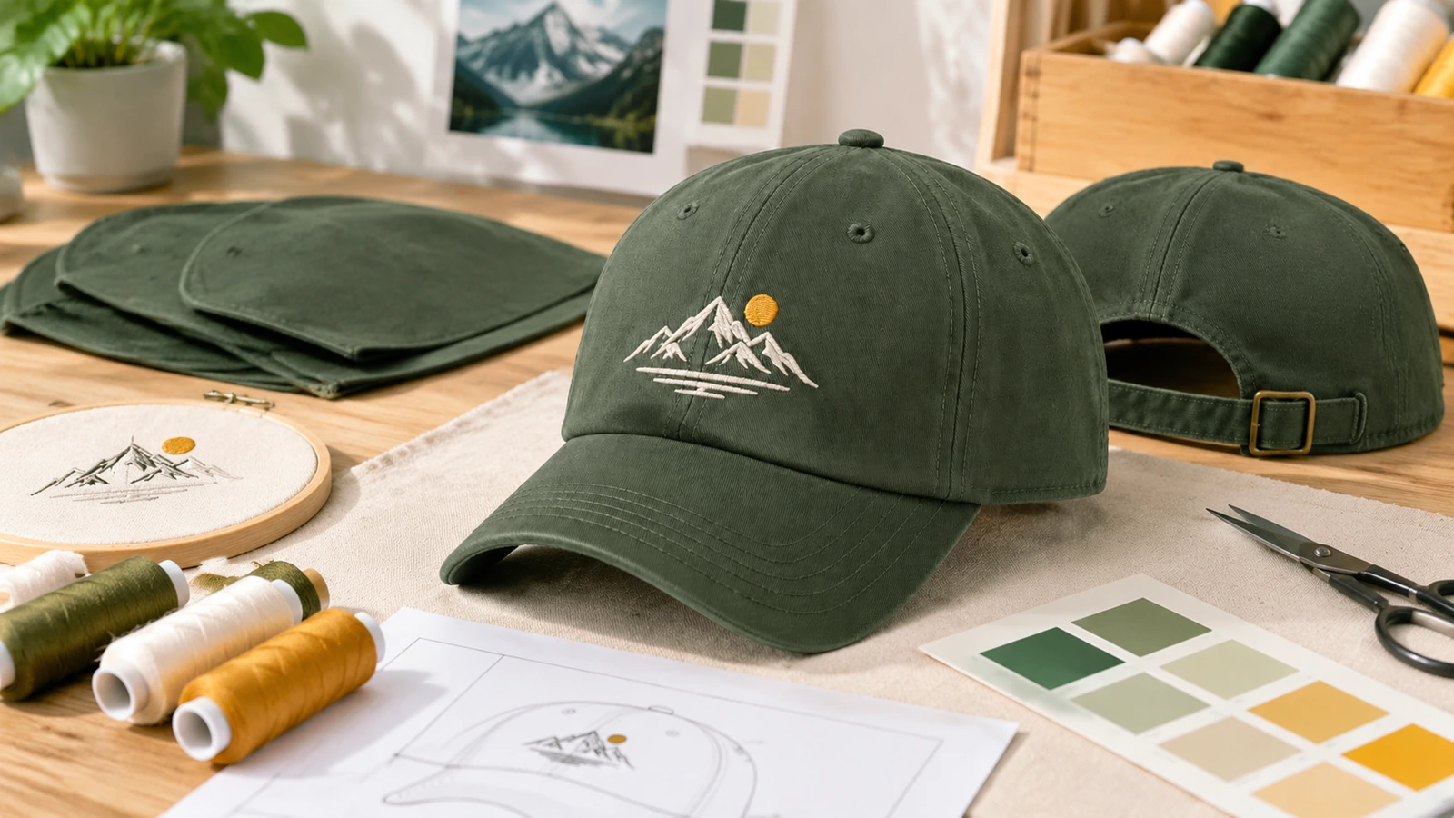 Casquettes brodées vertes à côté de bobines de fil, de visuels et de nuanciers de couleurs