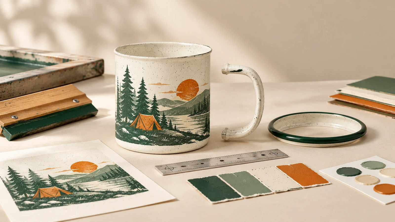 Corps de tasse au motif camping à côté d'une anse séparée, anneau de bord vert, visuel, règle et échantillons de couleurs