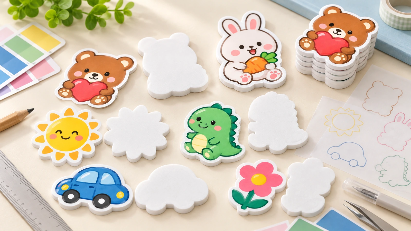 Autocollants en mousse colorés représentant un ours, un lapin, un dinosaure, un soleil, une voiture et une fleur, à côté de formes découpées vierges et d'outils de loisirs créatifs