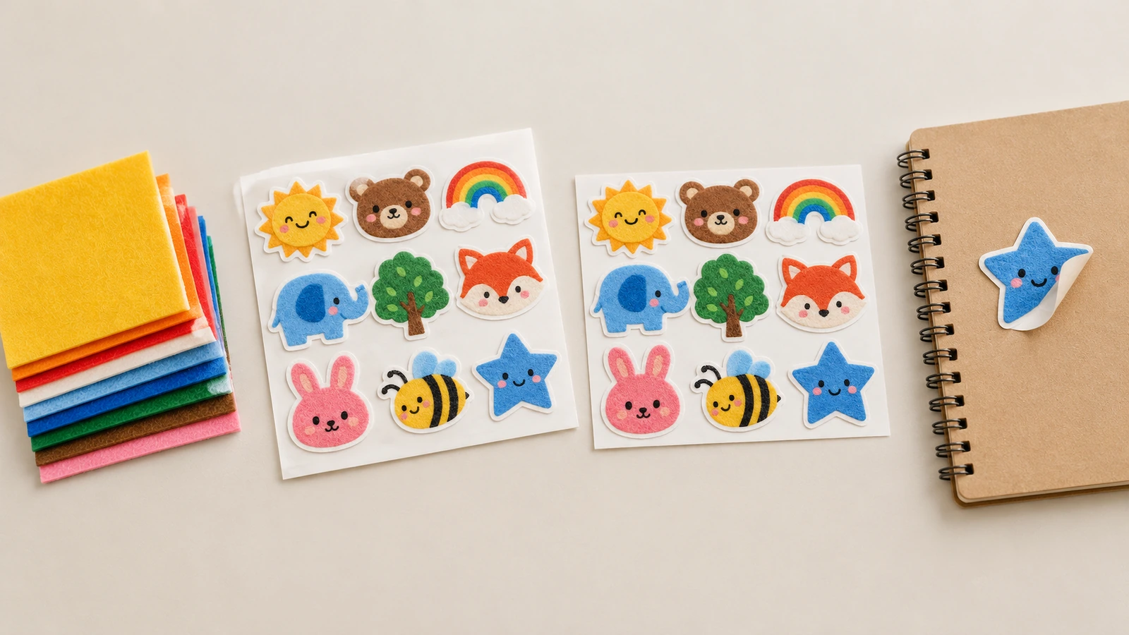 2 feuilles d'autocollants en feutre à motifs de dessins animés colorés, à côté de feutre coloré empilé et d'un carnet kraft avec un autocollant étoile bleu