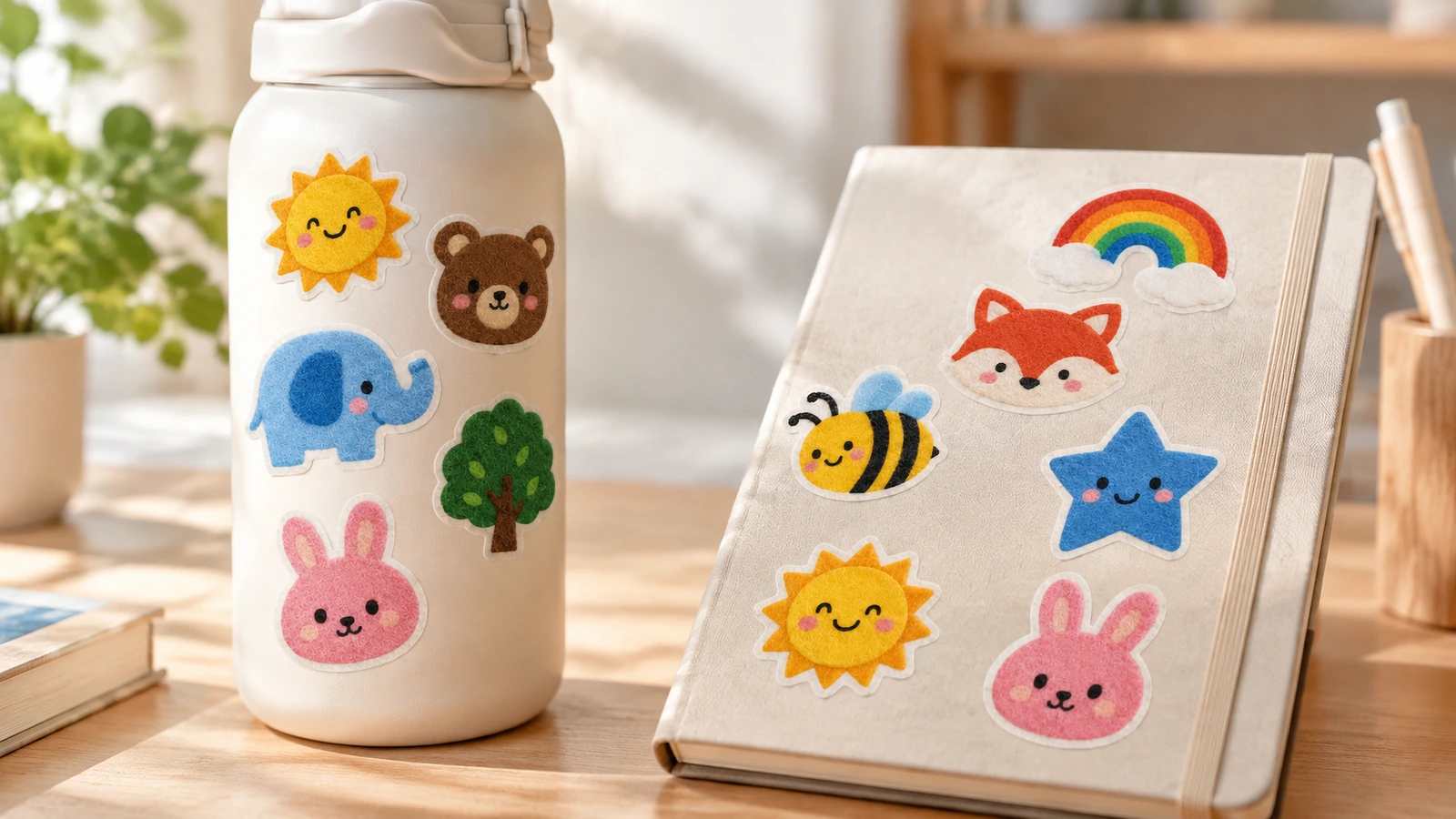 Autocollants en feutre colorés à motifs de dessins animés décorant une bouteille blanche et un carnet clair sur un bureau