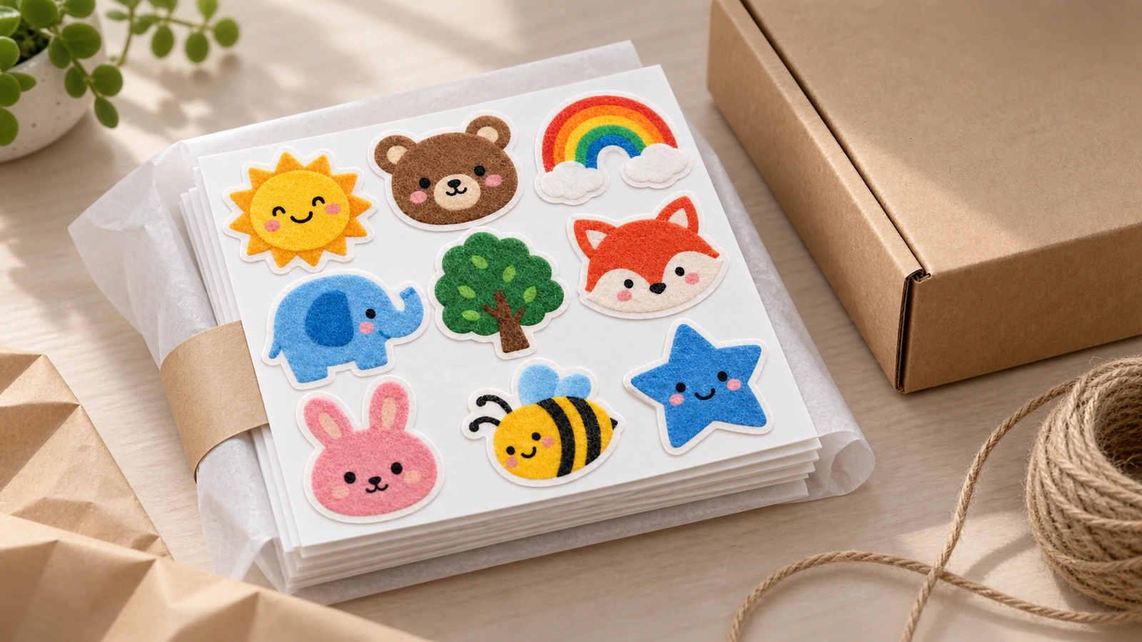 Feuilles d'autocollants en feutre empilées dans des pochettes transparentes, à côté d'une boîte en carton kraft ouverte