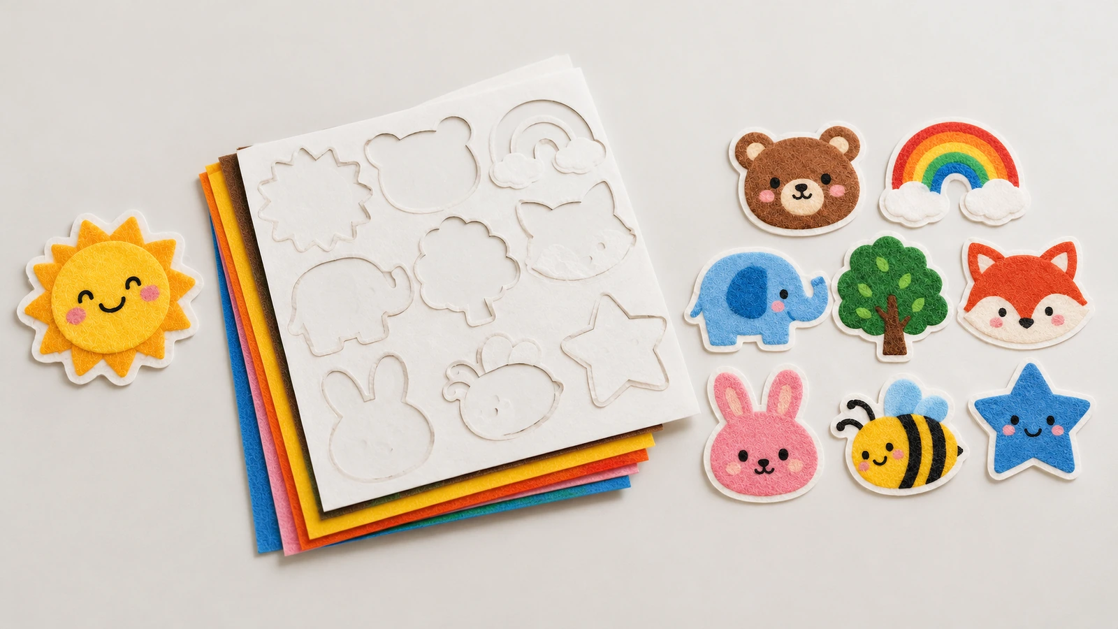 Autocollants en feutre à motifs de dessins animés non fixés, à côté de feuilles de feutre colorées empilées et d'une feuille blanche avec des formes découpées assorties