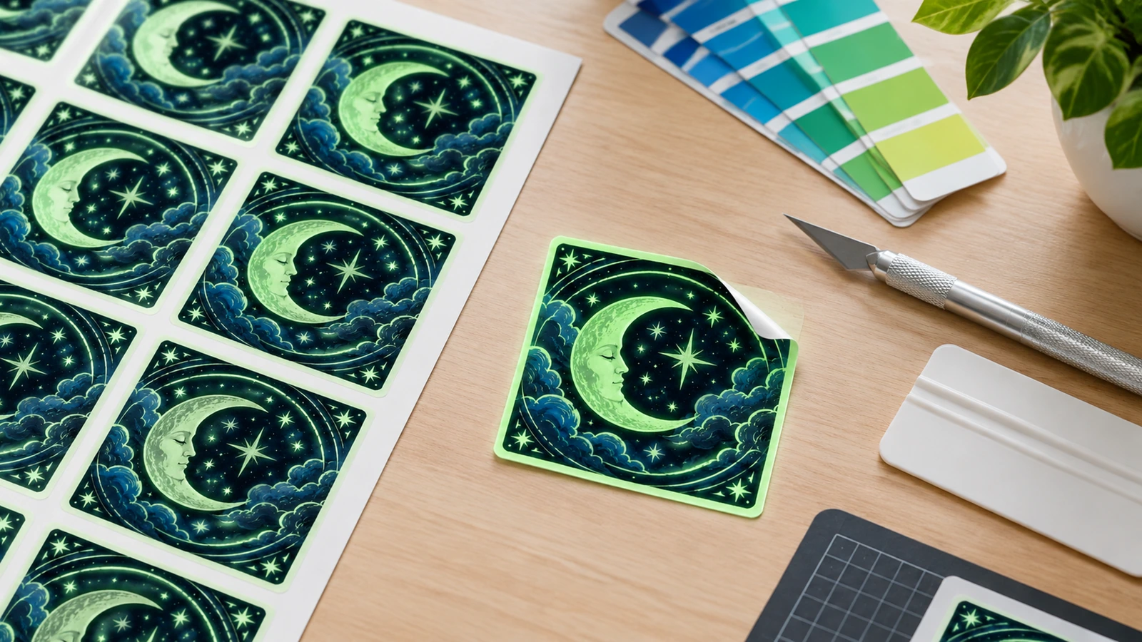 Planche d'autocollants lune et étoiles et autocollant carré détaché à côté d'un cutter et de nuanciers de couleurs