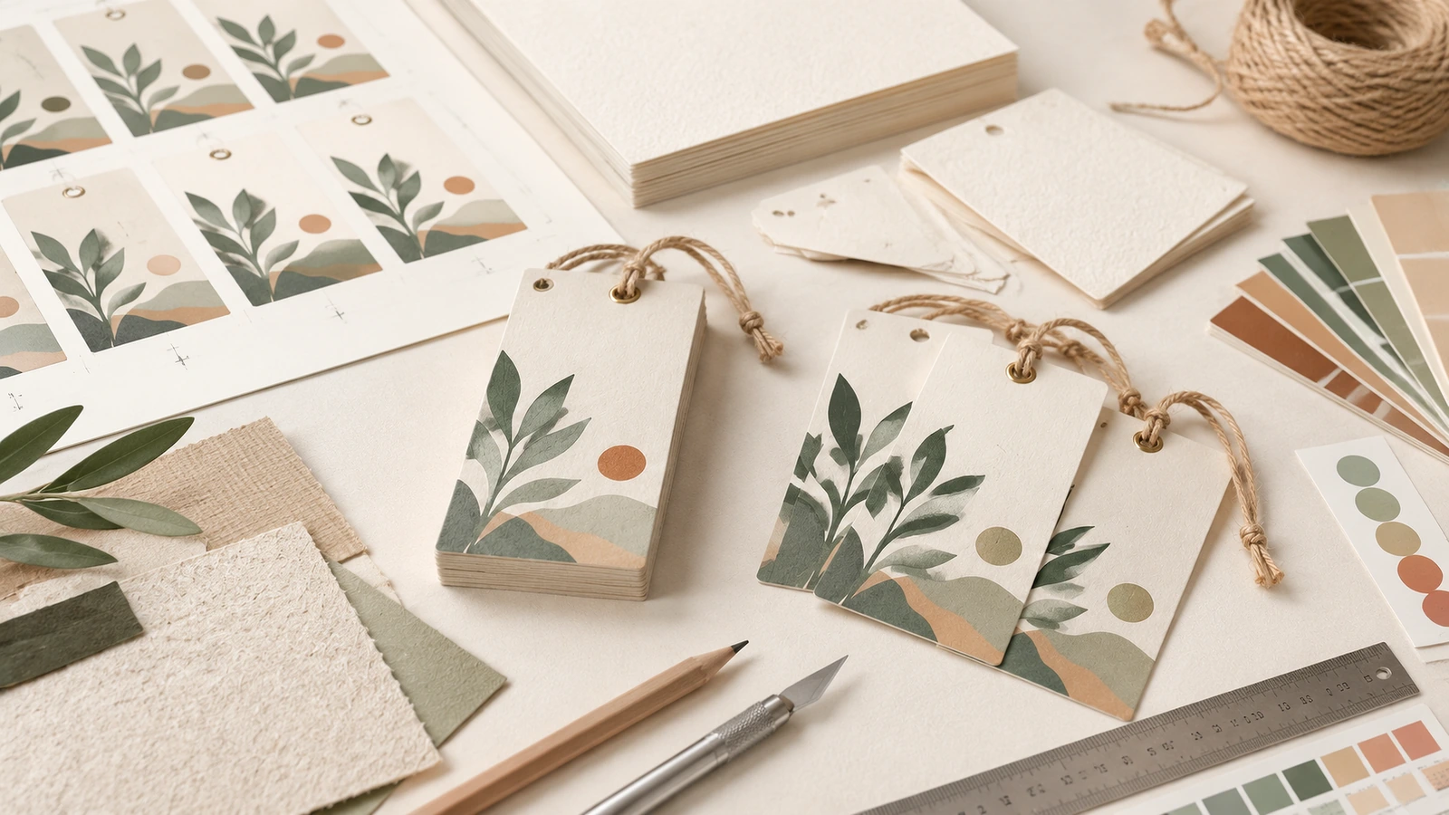Étiquettes suspendues botaniques en papier sur un bureau de création, avec feuilles imprimées, échantillons de papier, ficelle et nuanciers de couleurs
