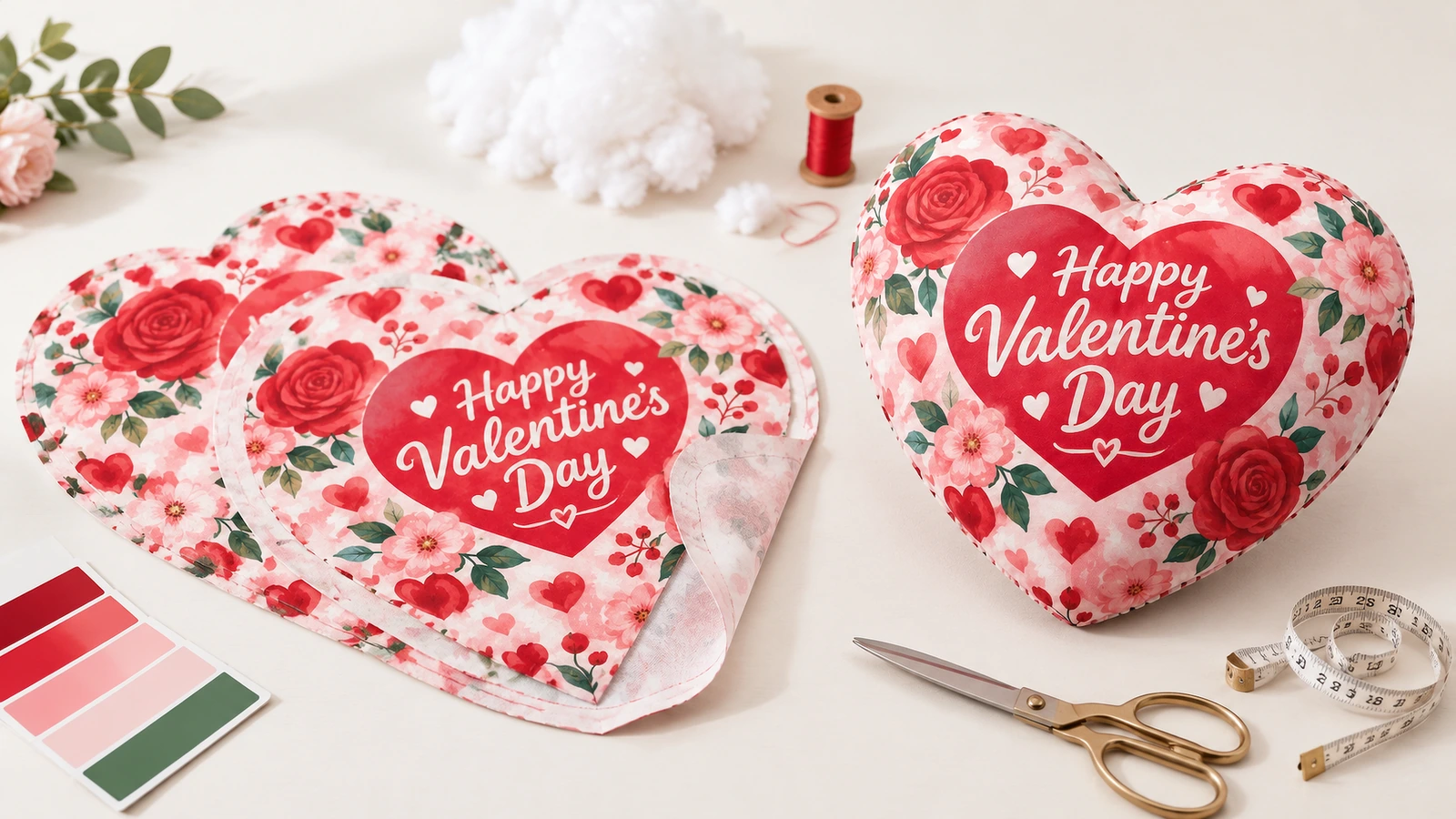 Panneaux de coussin cœur fleuris de la Saint-Valentin et coussin rempli à côté de fournitures de couture
