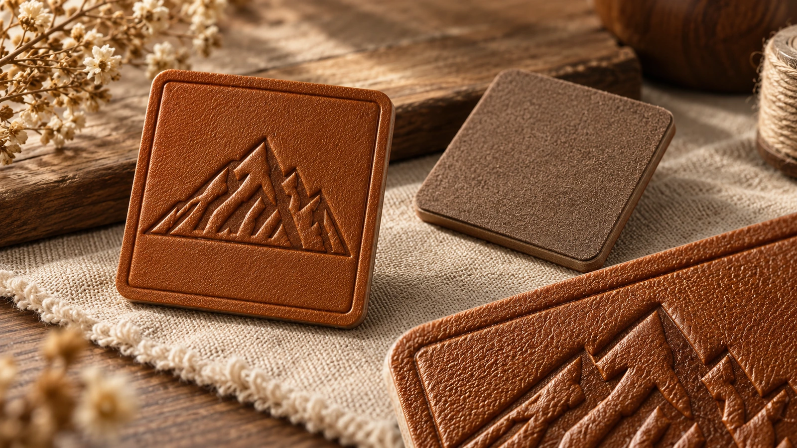 Étiquette marron au logo montagne, verso uni et gros plan de la surface gaufrée